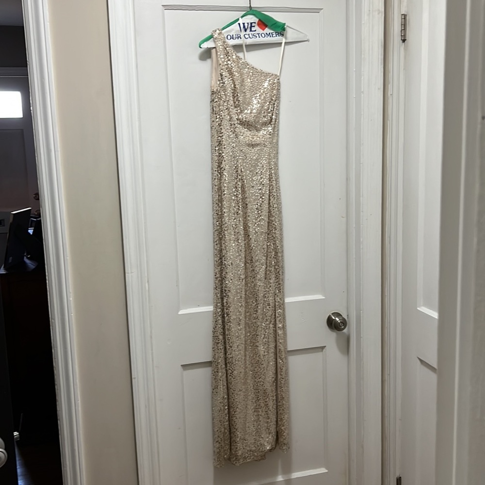 Adrianna Papell gown sequins in tan